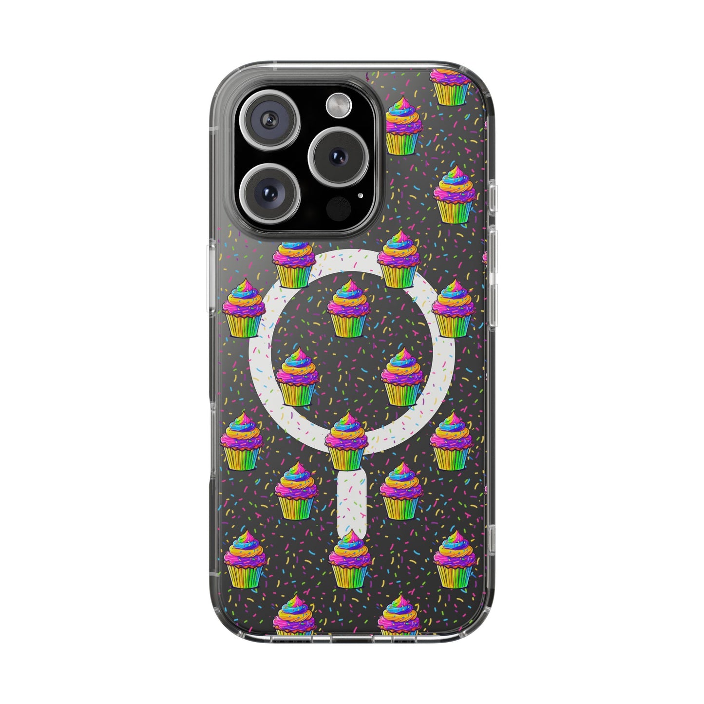 Clear Magnetic Phone Case — Rainbow Cupcake Confetti Design