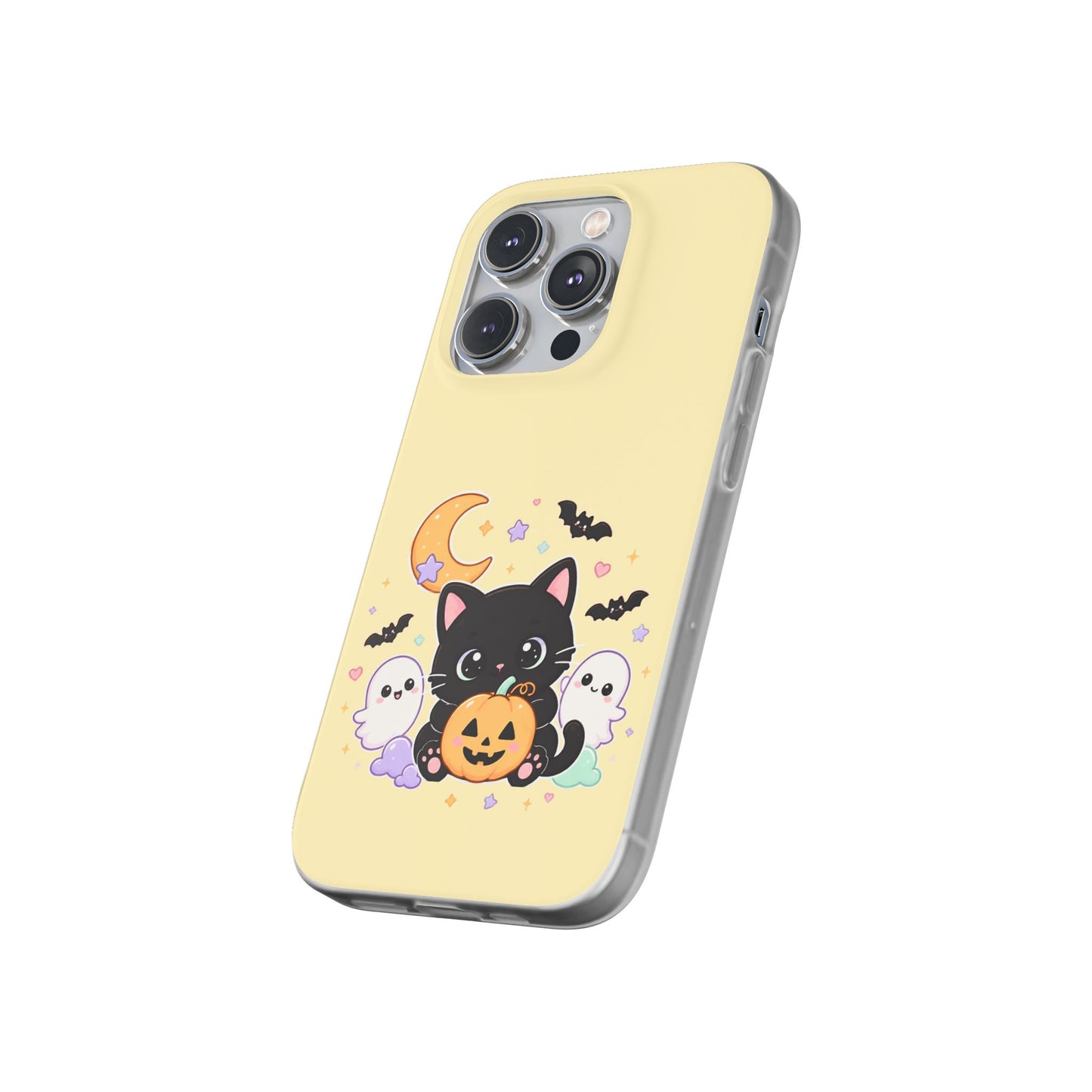 Cute Halloween Black Cat Phone Case — Kawaii Pumpkin & Ghosts Flexi Case