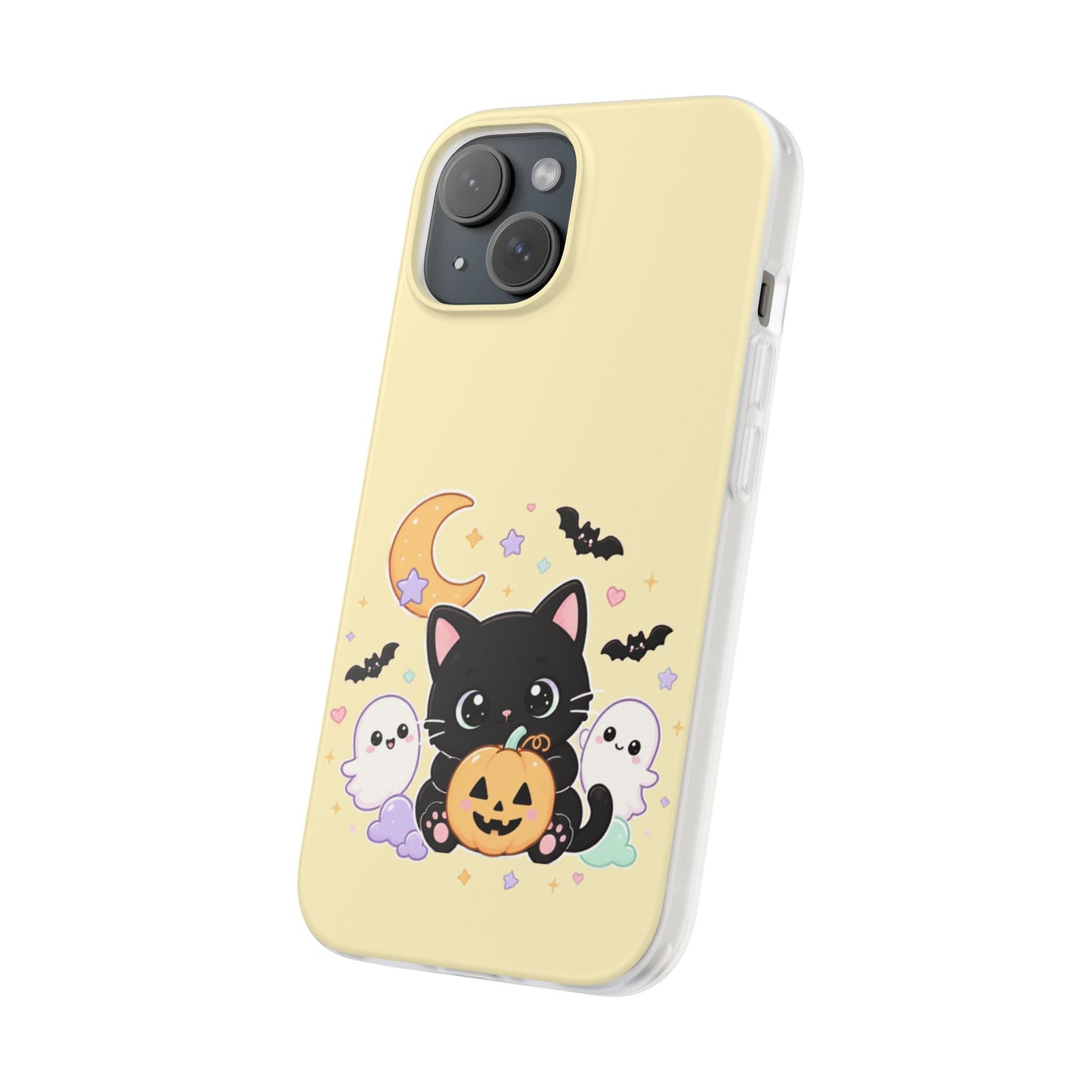 Cute Halloween Black Cat Phone Case — Kawaii Pumpkin & Ghosts Flexi Case