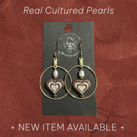 Czech Glass Heart Hoop Earrings with Cultured Pearls