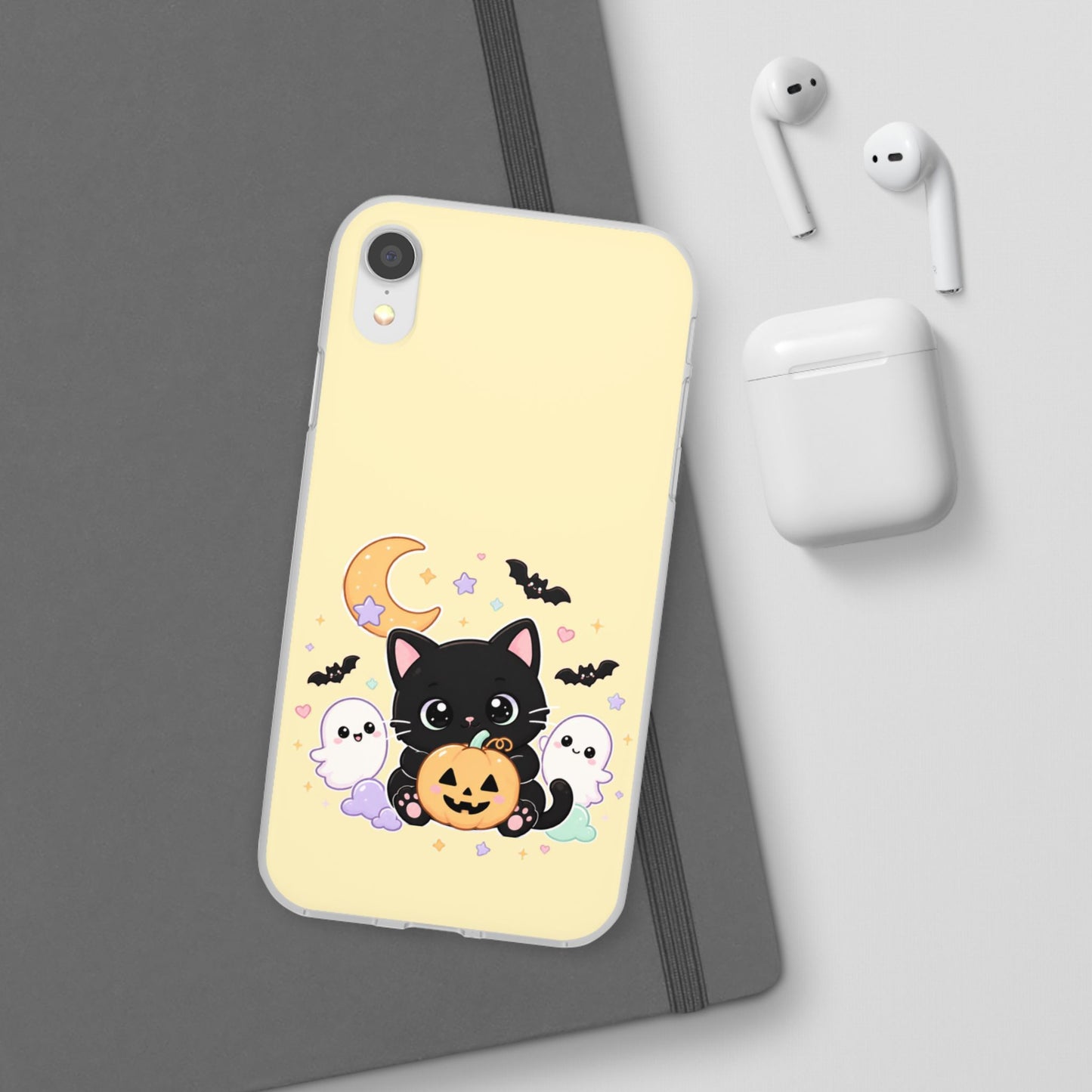 Cute Halloween Black Cat Phone Case — Kawaii Pumpkin & Ghosts Flexi Case