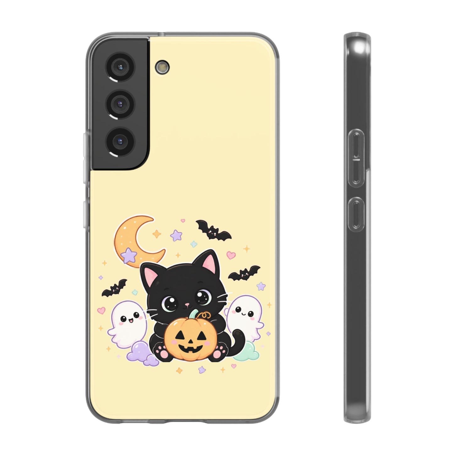 Cute Halloween Black Cat Phone Case — Kawaii Pumpkin & Ghosts Flexi Case