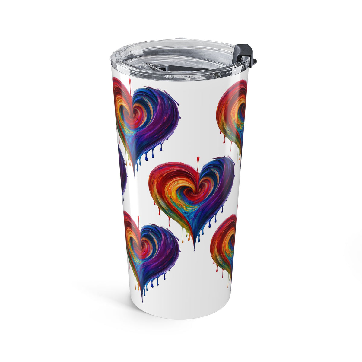 20oz Regenbogenfarbener Herzbecher mit Drip-Effekt — Bunter Reisebecher mit gemaltem Herzmotiv