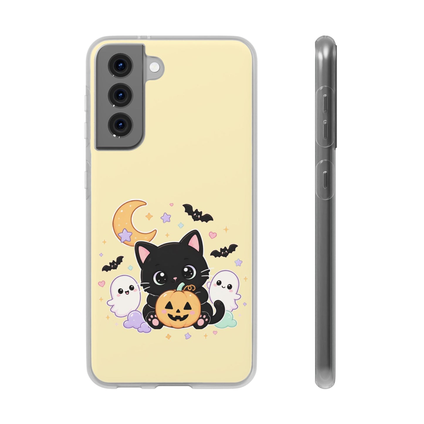Cute Halloween Black Cat Phone Case — Kawaii Pumpkin & Ghosts Flexi Case