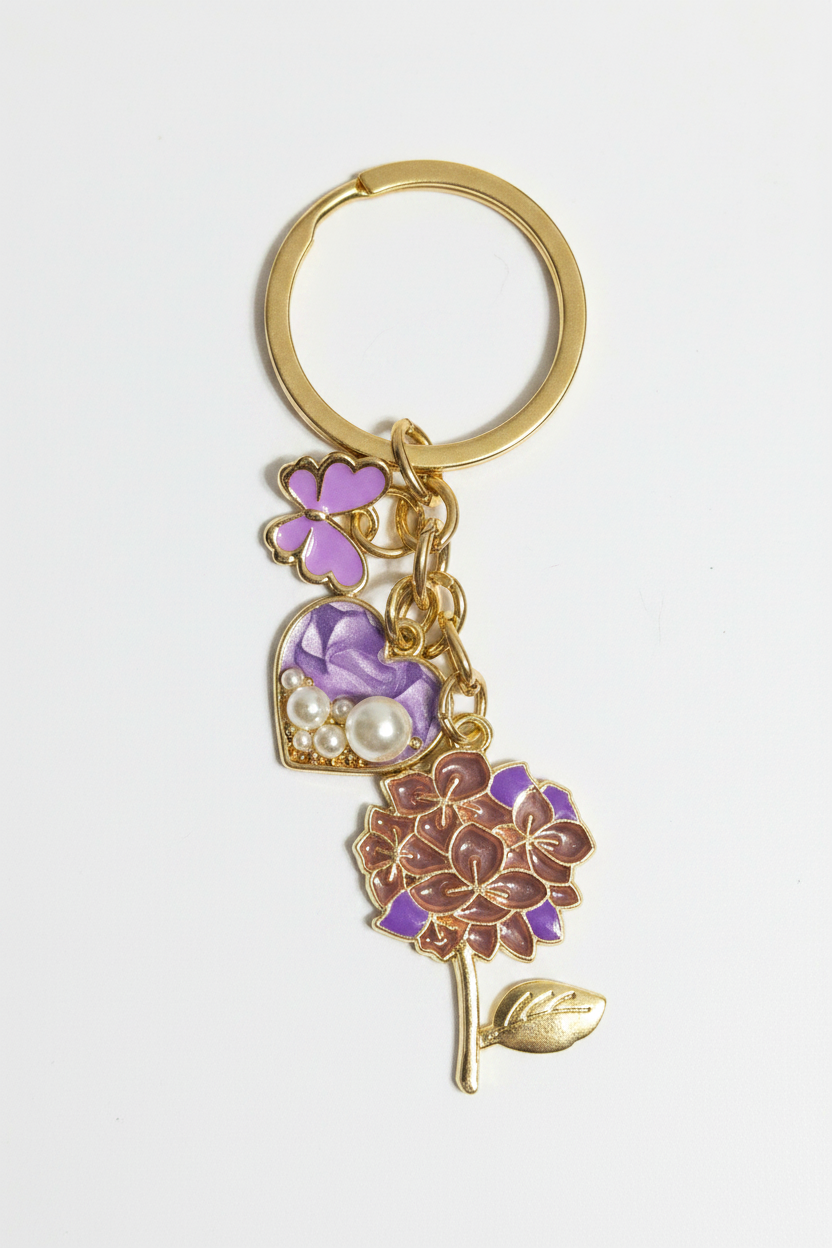 Purple Hydrangea, Butterfly Heart Charm Keychain
