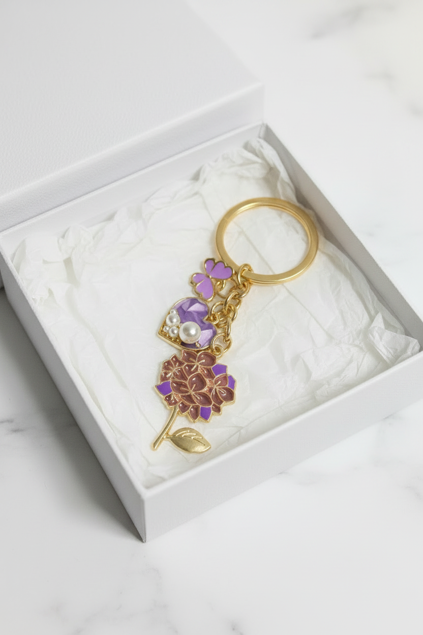Purple Hydrangea, Butterfly Heart Charm Keychain