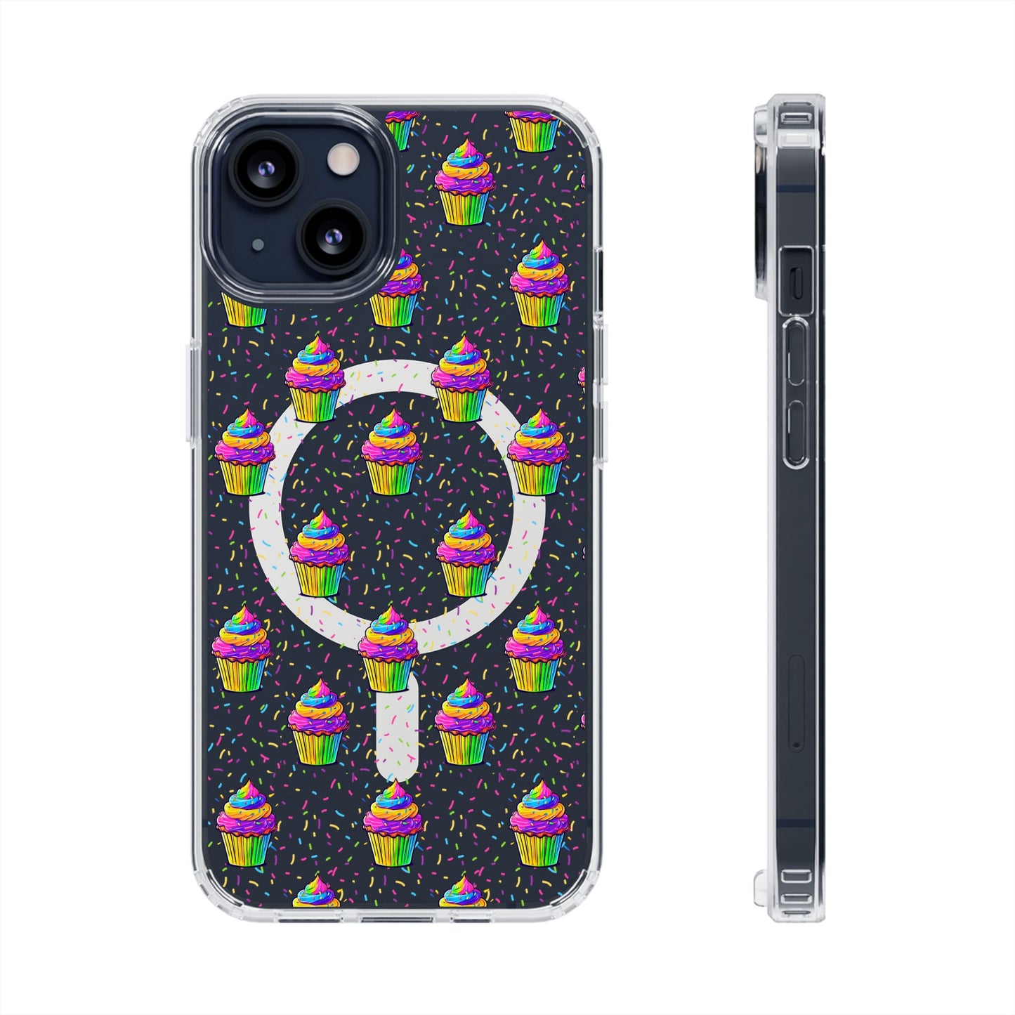 Clear Magnetic Phone Case — Rainbow Cupcake Confetti Design