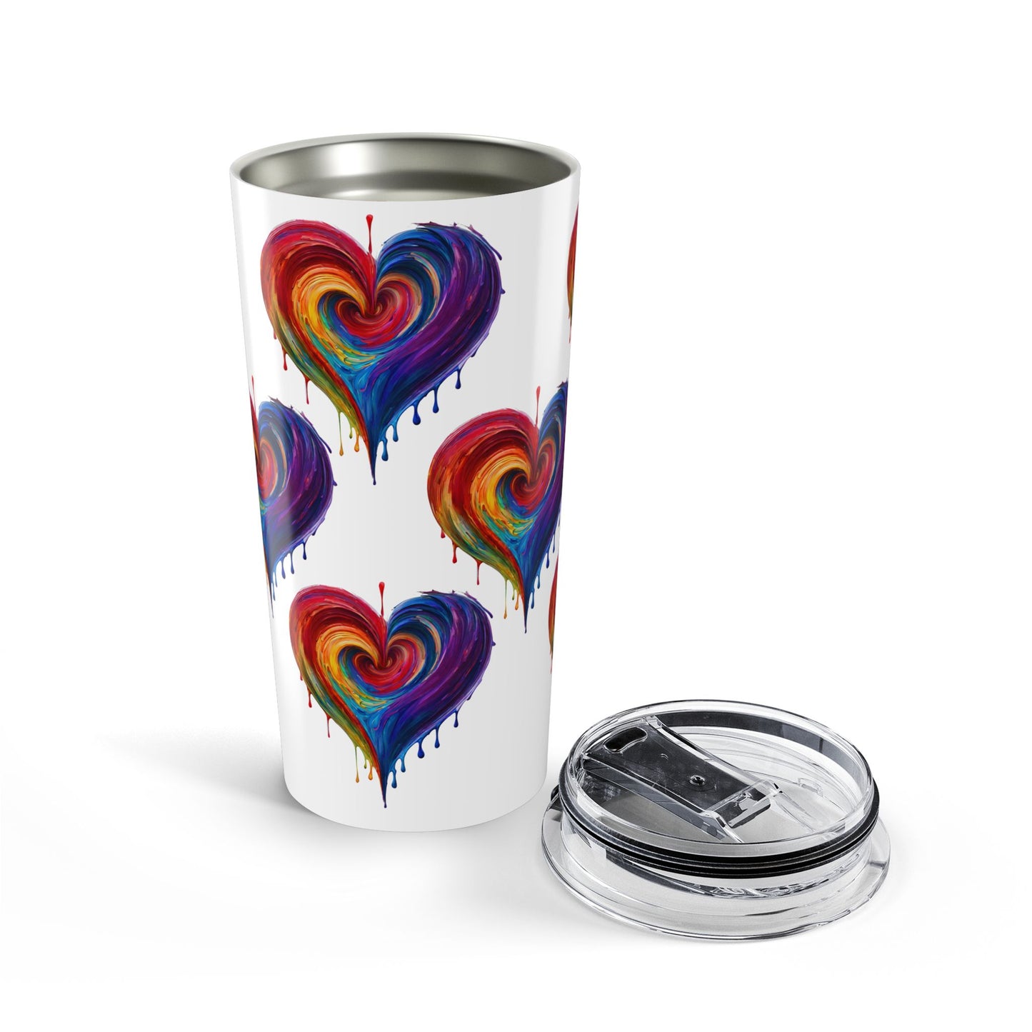 20oz Regenbogenfarbener Herzbecher mit Drip-Effekt — Bunter Reisebecher mit gemaltem Herzmotiv