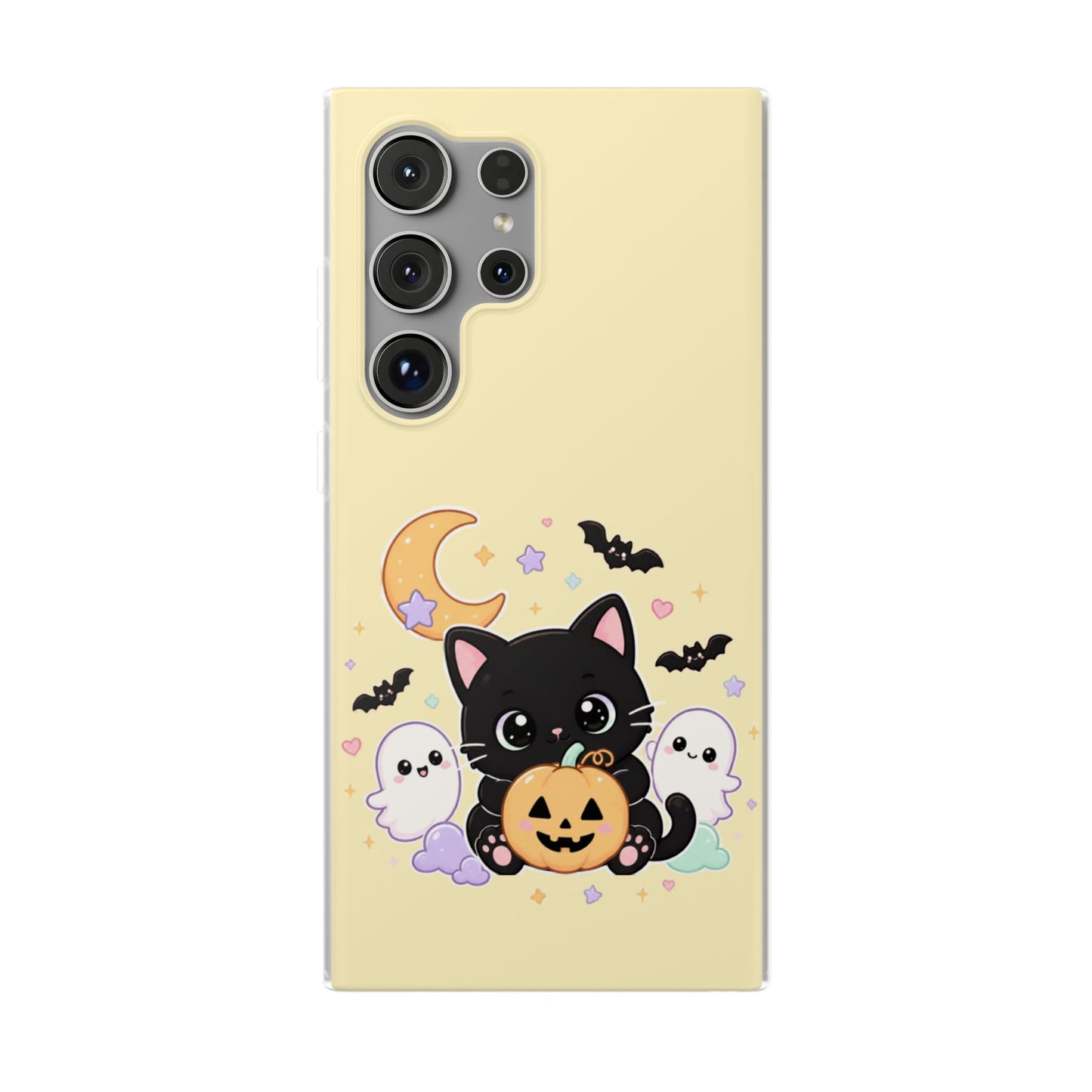 Cute Halloween Black Cat Phone Case — Kawaii Pumpkin & Ghosts Flexi Case