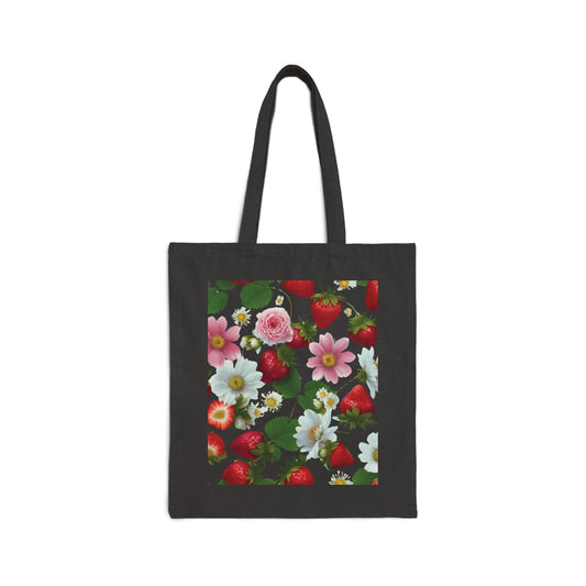 Cotton Canvas Tote Bag with Strawberry Floral Print Front Only