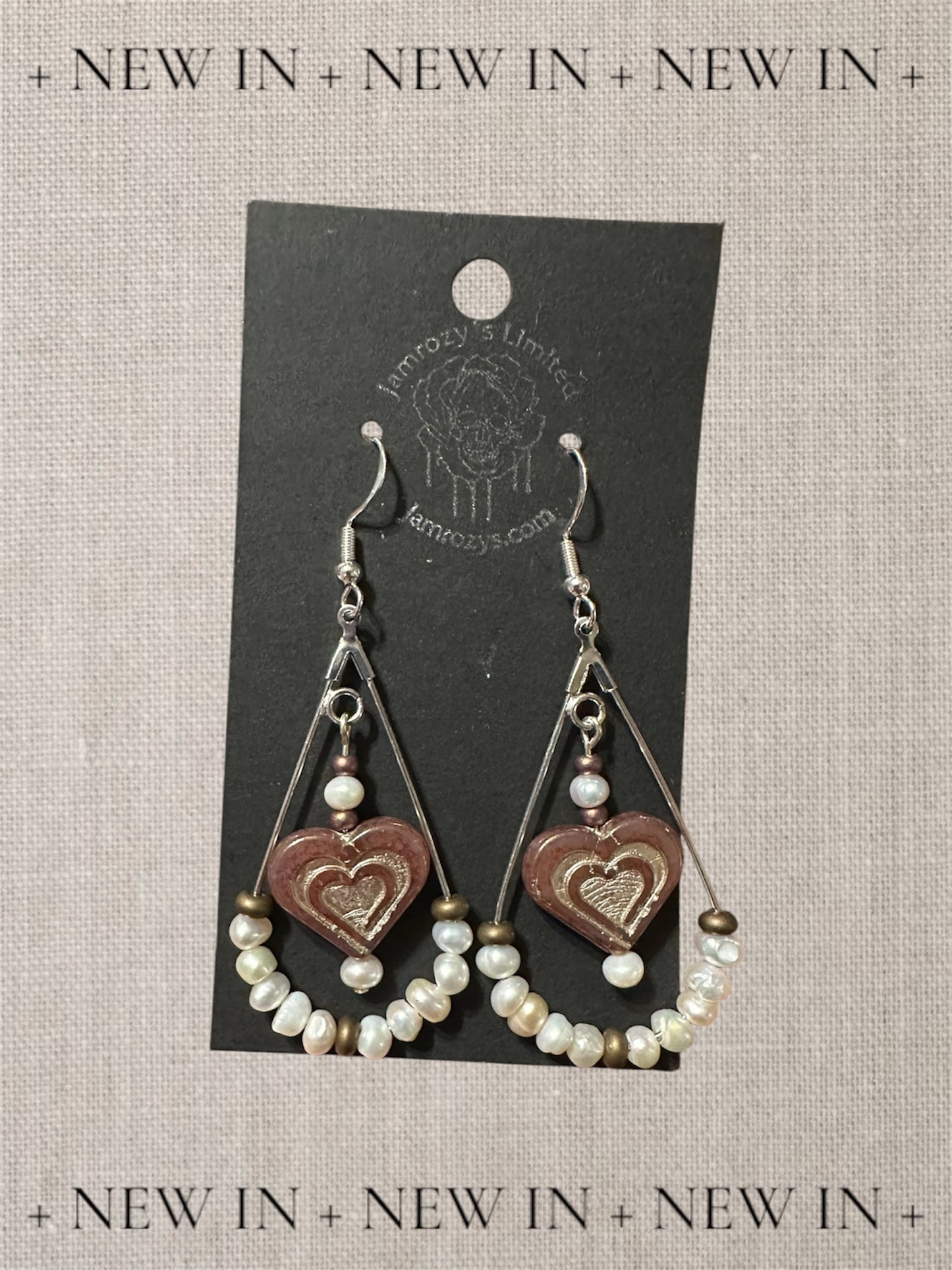 Cultured Pearl & Czech Heart Earrings