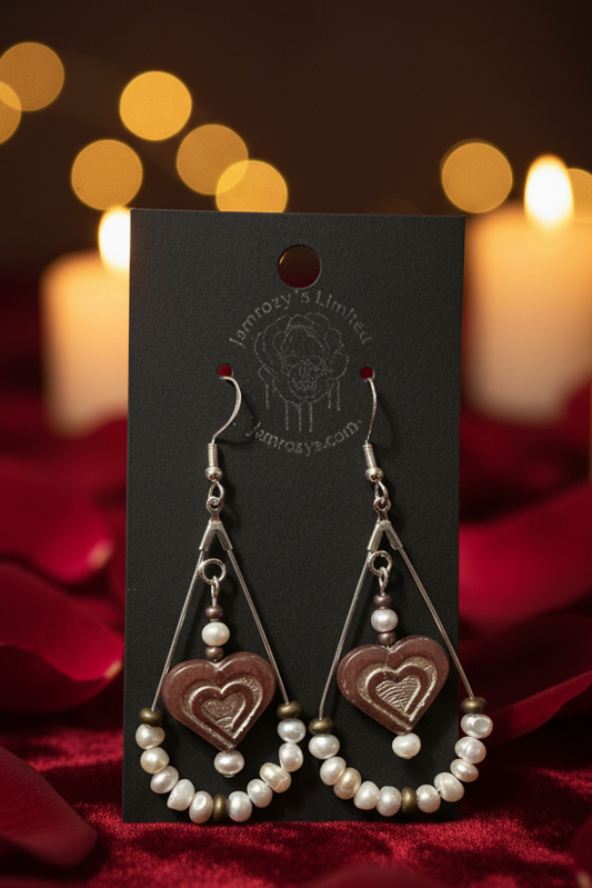 Heart-shaped earrings with beads on a black card with 'Jewelry Unlimited' branding.