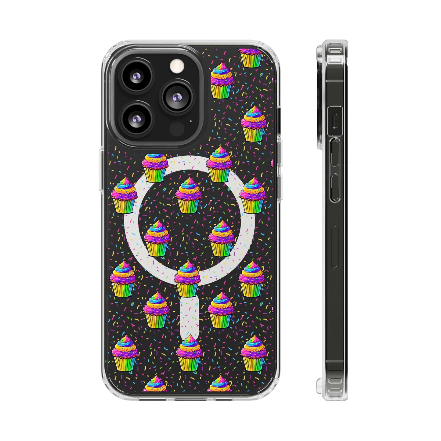 Clear Magnetic Phone Case — Rainbow Cupcake Confetti Design