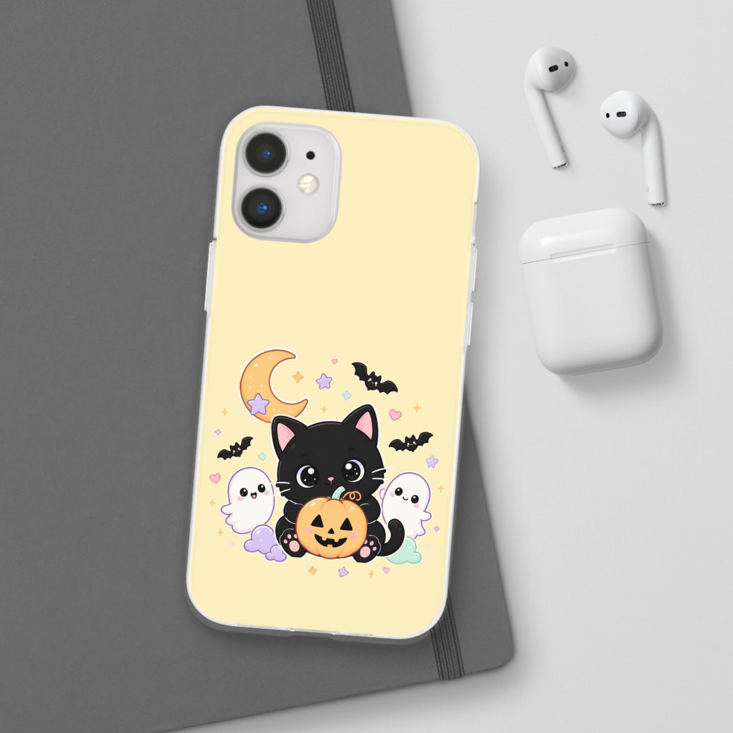 Cute Halloween Black Cat Phone Case — Kawaii Pumpkin & Ghosts Flexi Case
