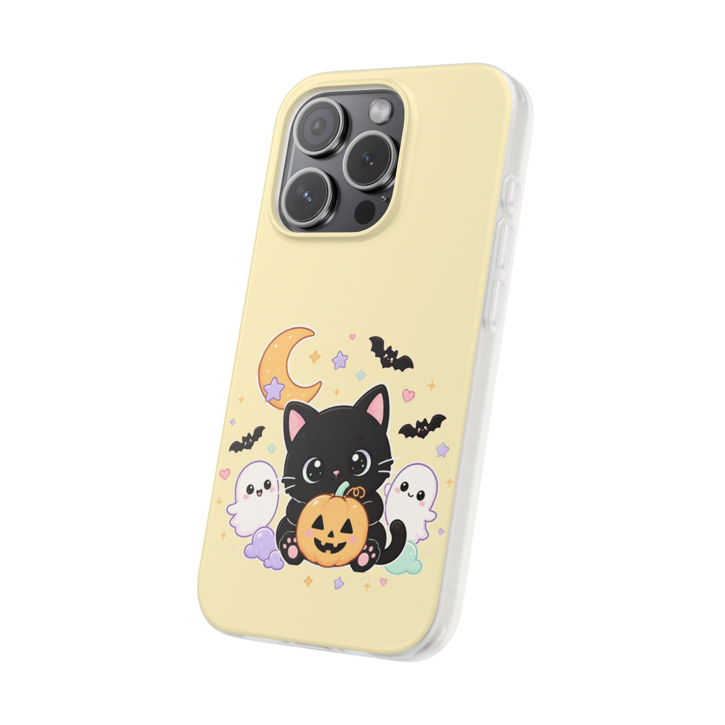 Cute Halloween Black Cat Phone Case — Kawaii Pumpkin & Ghosts Flexi Case