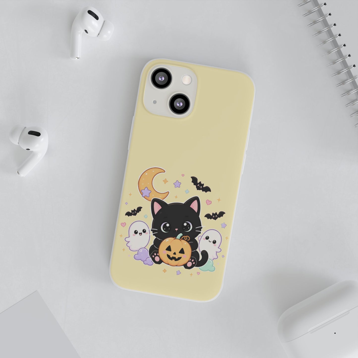 Cute Halloween Black Cat Phone Case — Kawaii Pumpkin & Ghosts Flexi Case