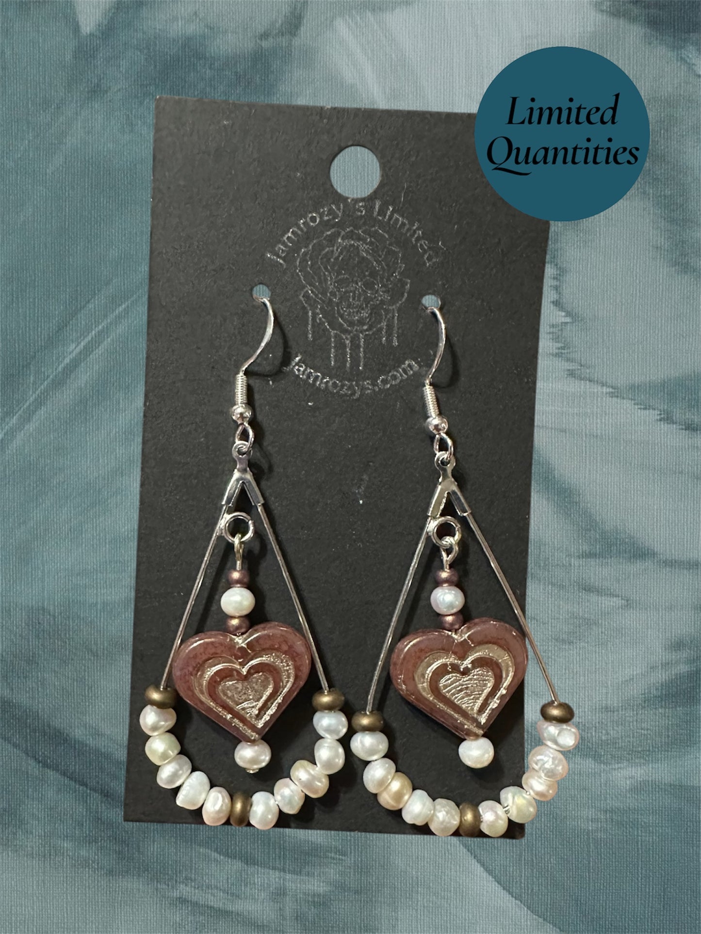 Cultured Pearl & Czech Heart Earrings