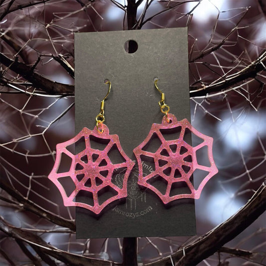 Hot Pink "Hallow"-Graphic Glitter Spiderweb Earrings