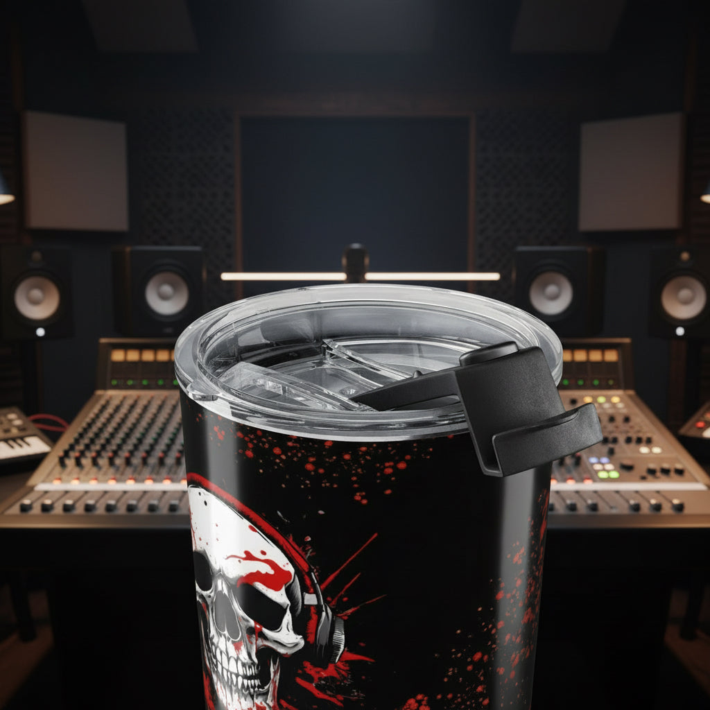 A close-up of a black insulated tumbler with a clear lid and black flip straw, featuring a white skull graphic with red eye details and red paint splatter on a white background.