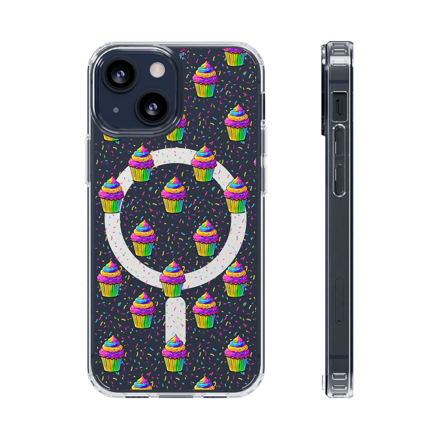 Clear Magnetic Phone Case — Rainbow Cupcake Confetti Design