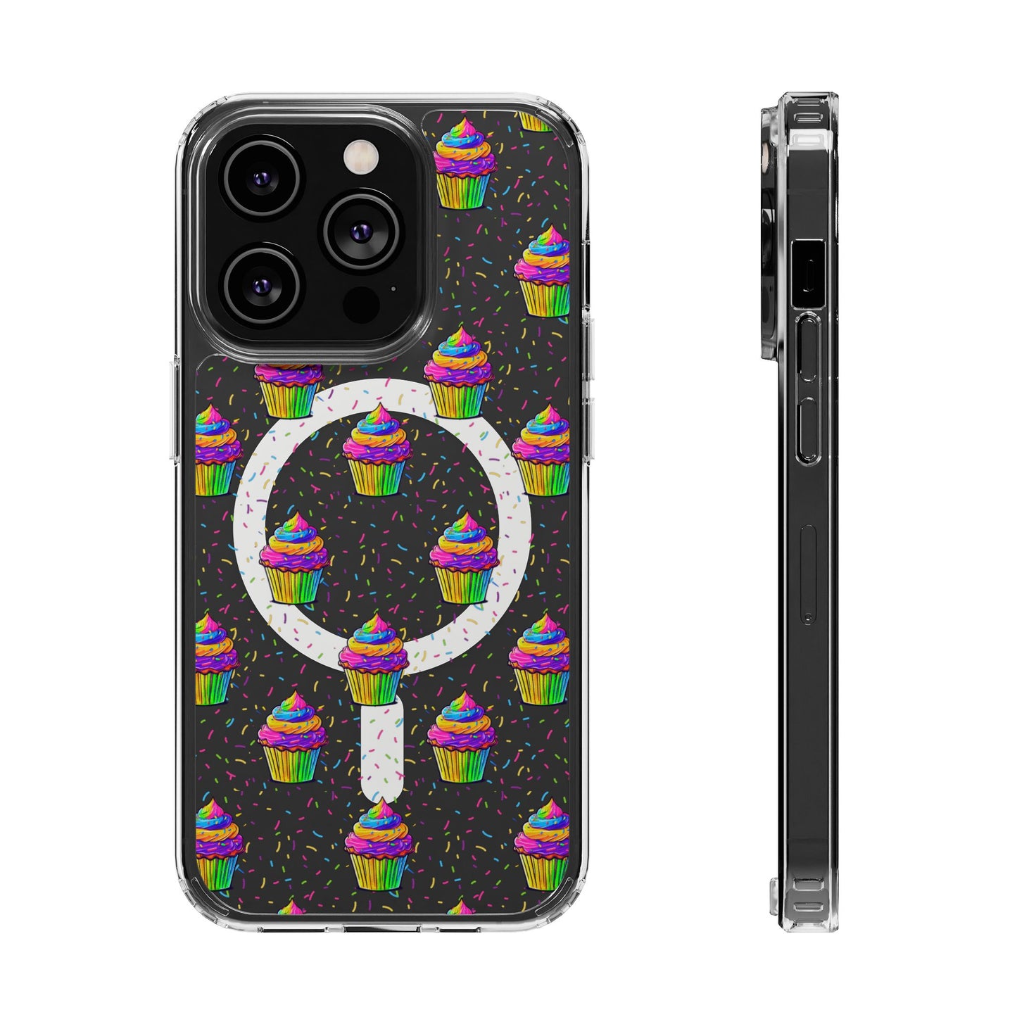 Clear Magnetic Phone Case — Rainbow Cupcake Confetti Design