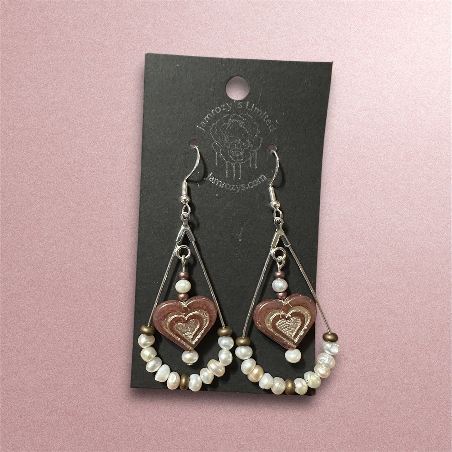 Cultured Pearl & Czech Heart Earrings