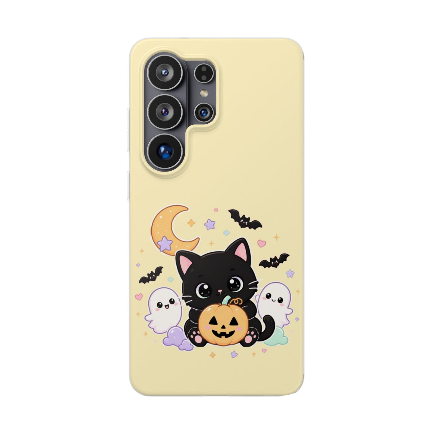 Cute Halloween Black Cat Phone Case — Kawaii Pumpkin & Ghosts Flexi Case