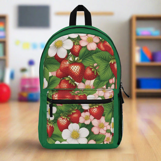 Green Backpack with Strawberries and Flowers
