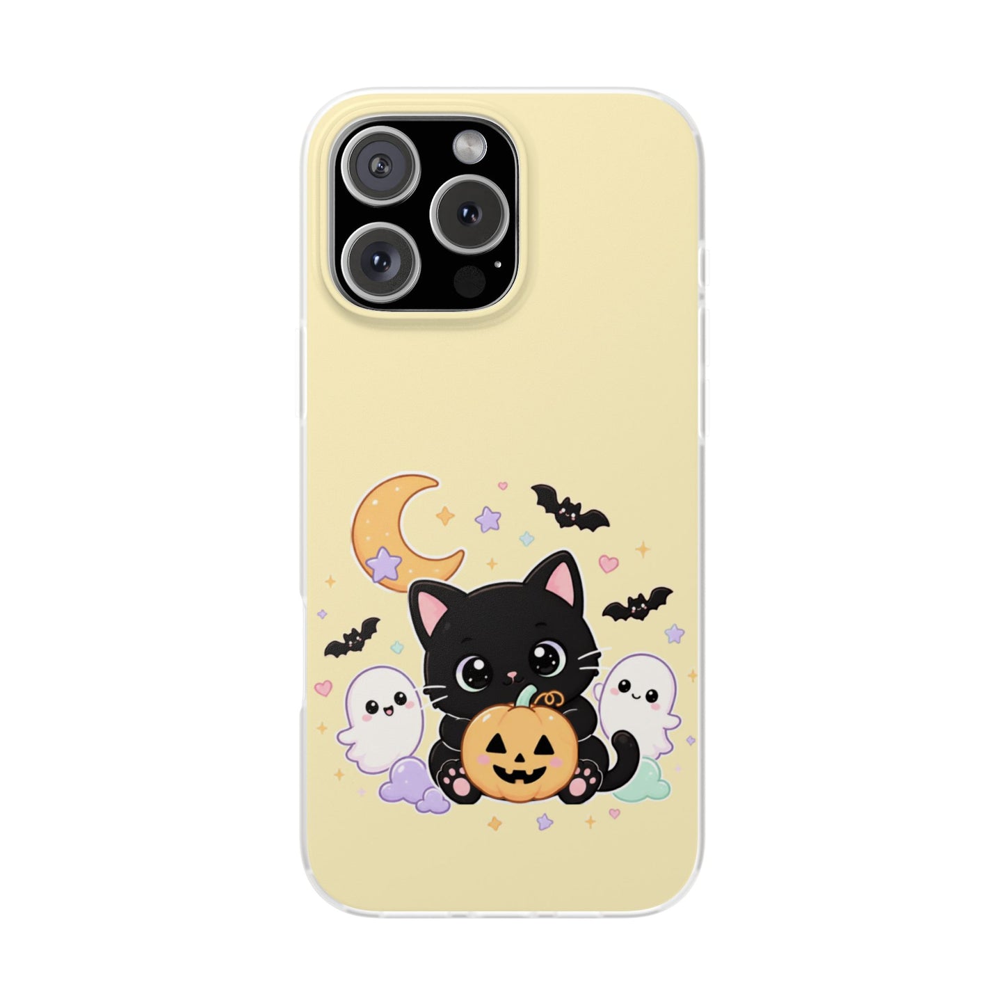Cute Halloween Black Cat Phone Case — Kawaii Pumpkin & Ghosts Flexi Case