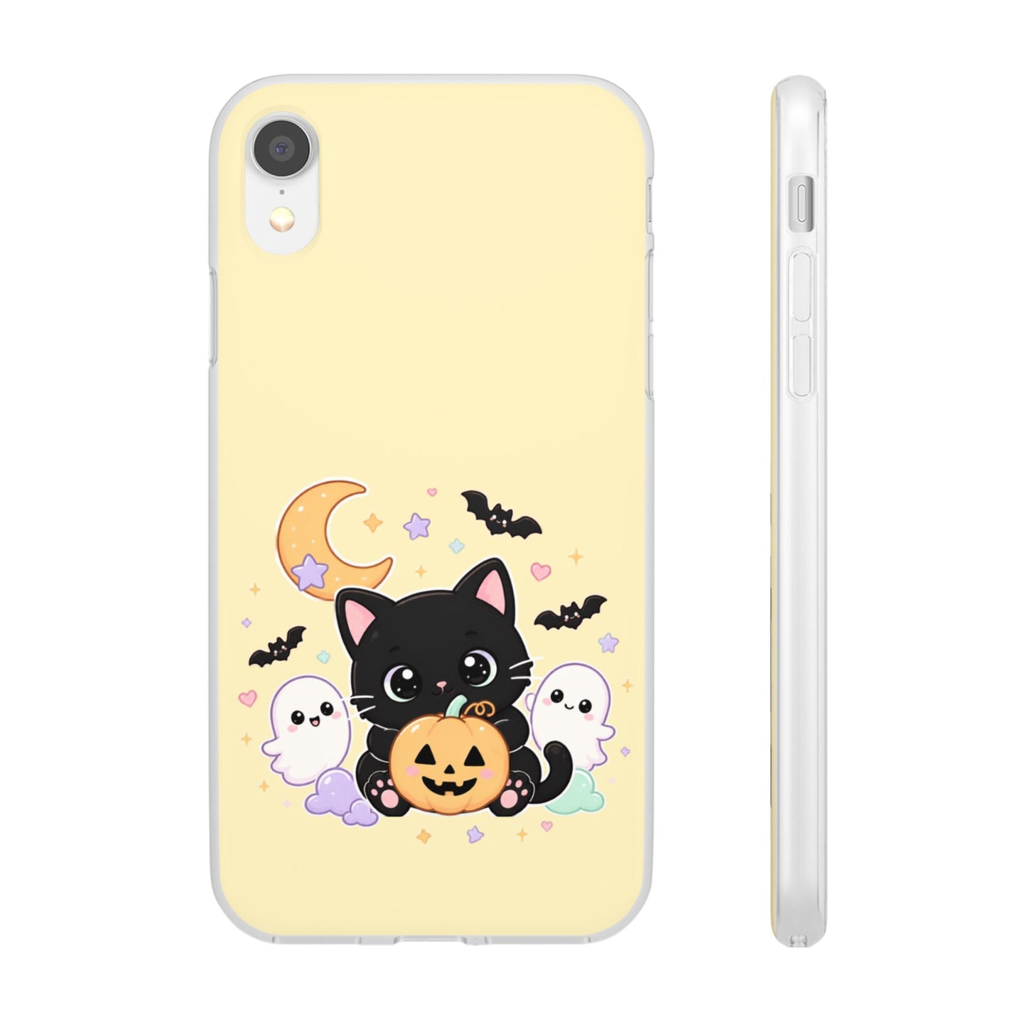 Cute Halloween Black Cat Phone Case — Kawaii Pumpkin & Ghosts Flexi Case