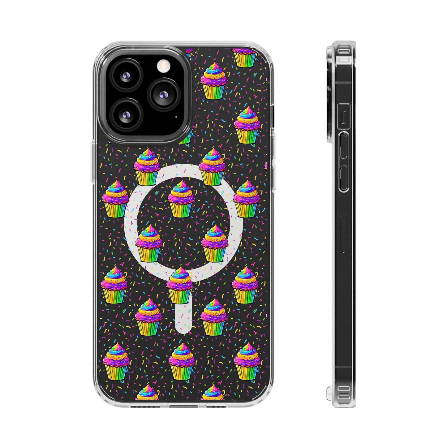 Clear Magnetic Phone Case — Rainbow Cupcake Confetti Design