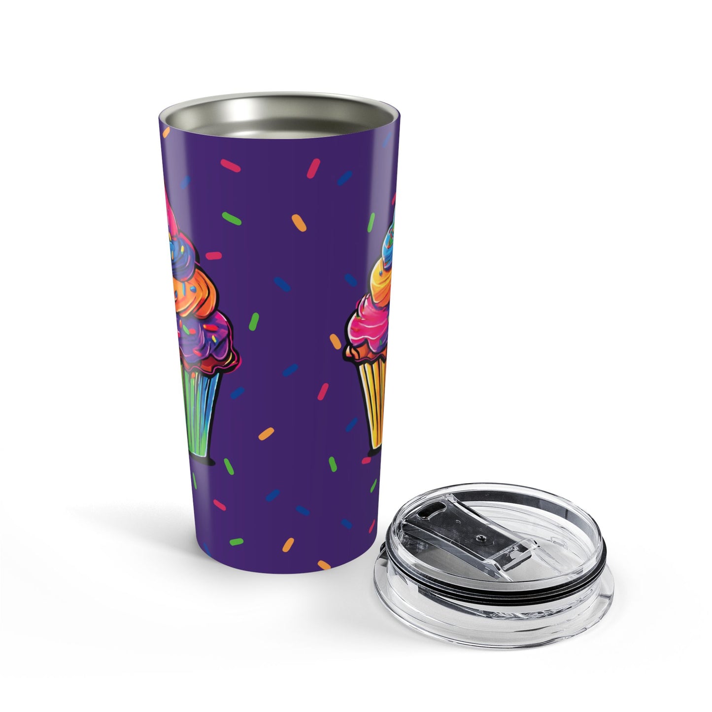 20oz Rainbow Cupcake Tumbler – Colorful Sprinkles Travel Mug- Royal Purple