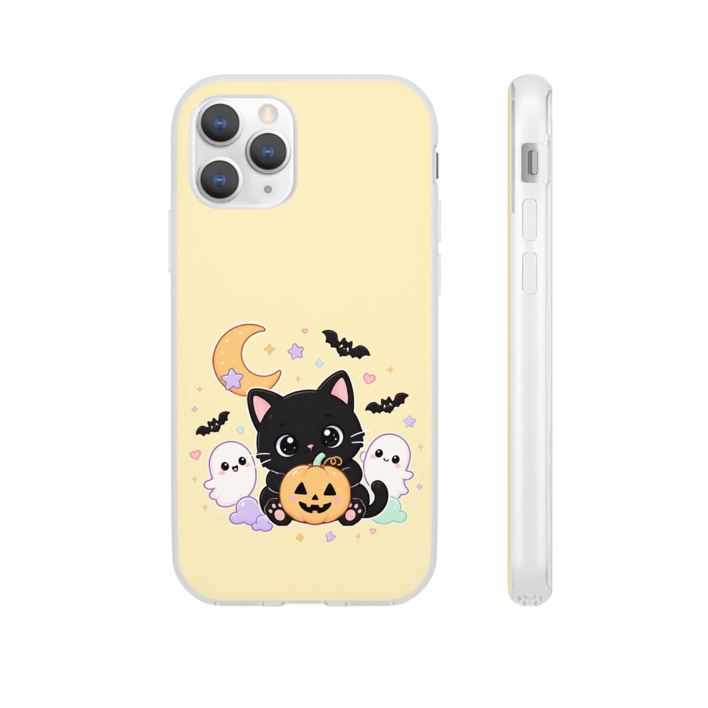 Cute Halloween Black Cat Phone Case — Kawaii Pumpkin & Ghosts Flexi Case