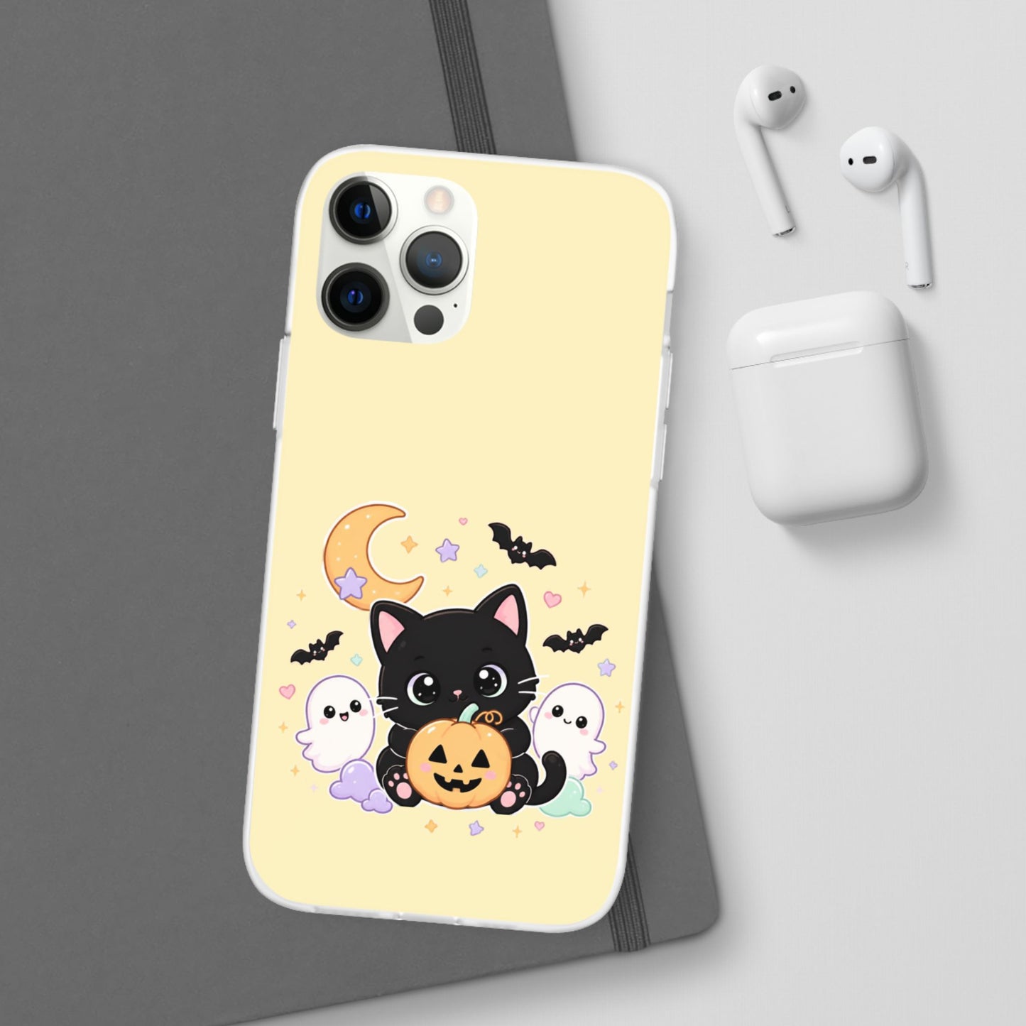 Cute Halloween Black Cat Phone Case — Kawaii Pumpkin & Ghosts Flexi Case