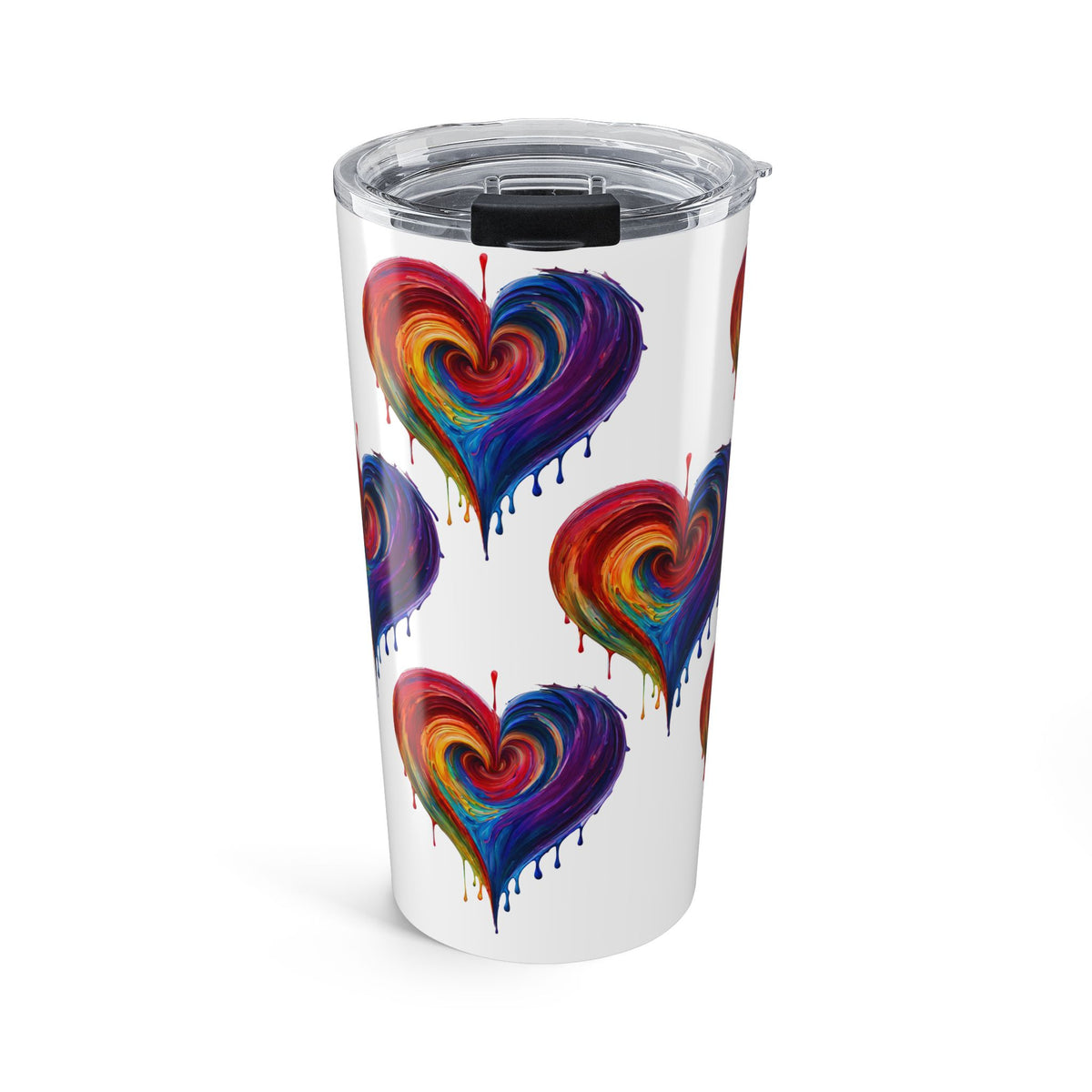 20oz Regenbogenfarbener Herzbecher mit Drip-Effekt — Bunter Reisebecher mit gemaltem Herzmotiv