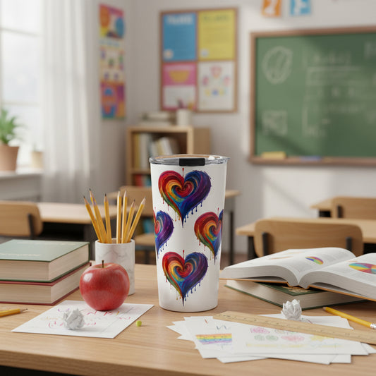 A white insulated travel tumbler with a clear lid and black flip-straw detail, decorated with a repeating pattern of dripping paint hearts in vibrant rainbow colors.