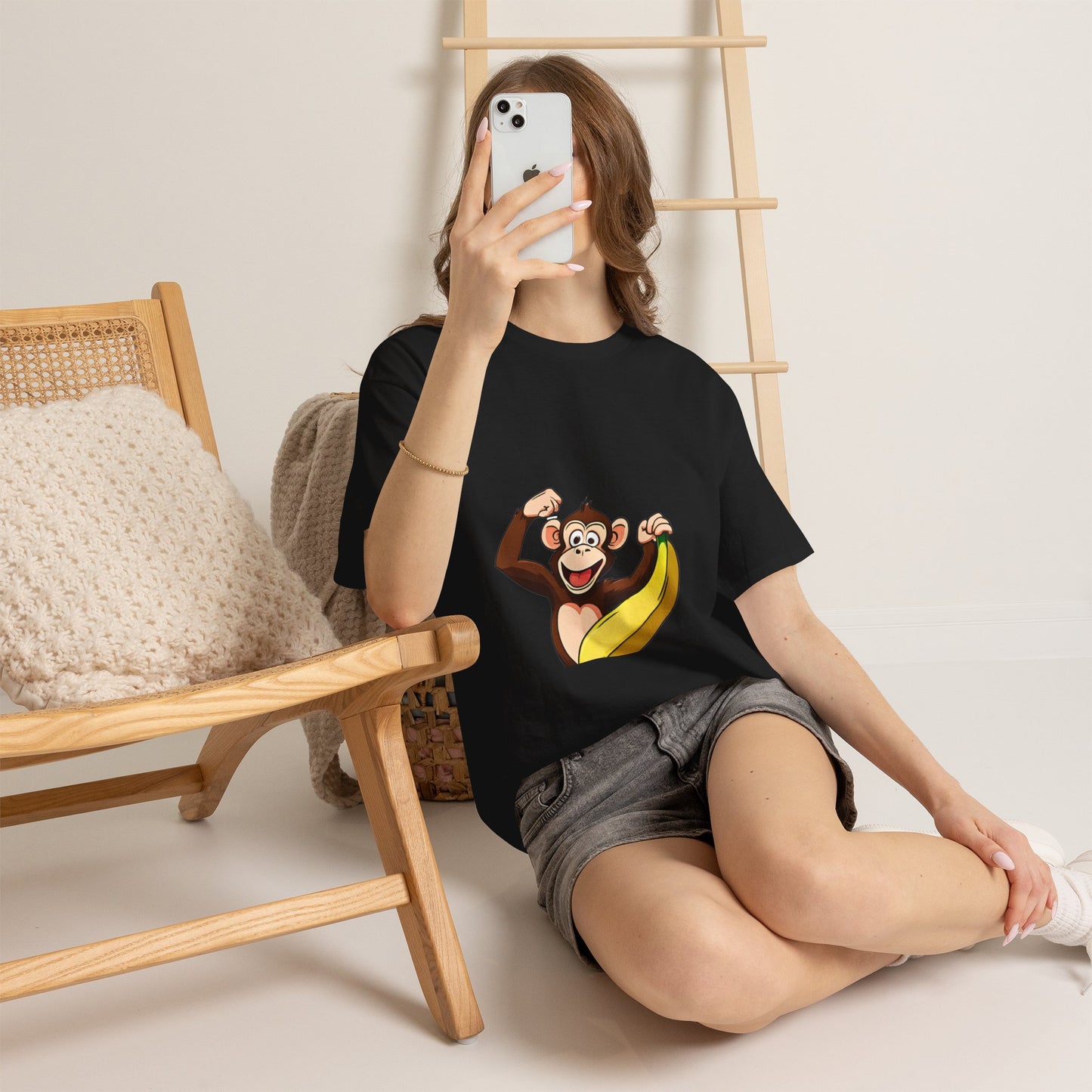 Playful Monkey with Banana T-Shirt — Cute Cartoon Chimp Graphic Tee for Kids & Adults
