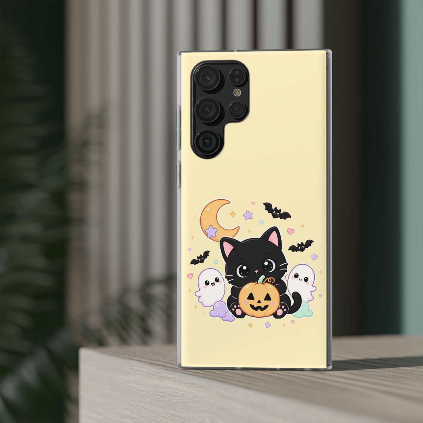Cute Halloween Black Cat Phone Case — Kawaii Pumpkin & Ghosts Flexi Case