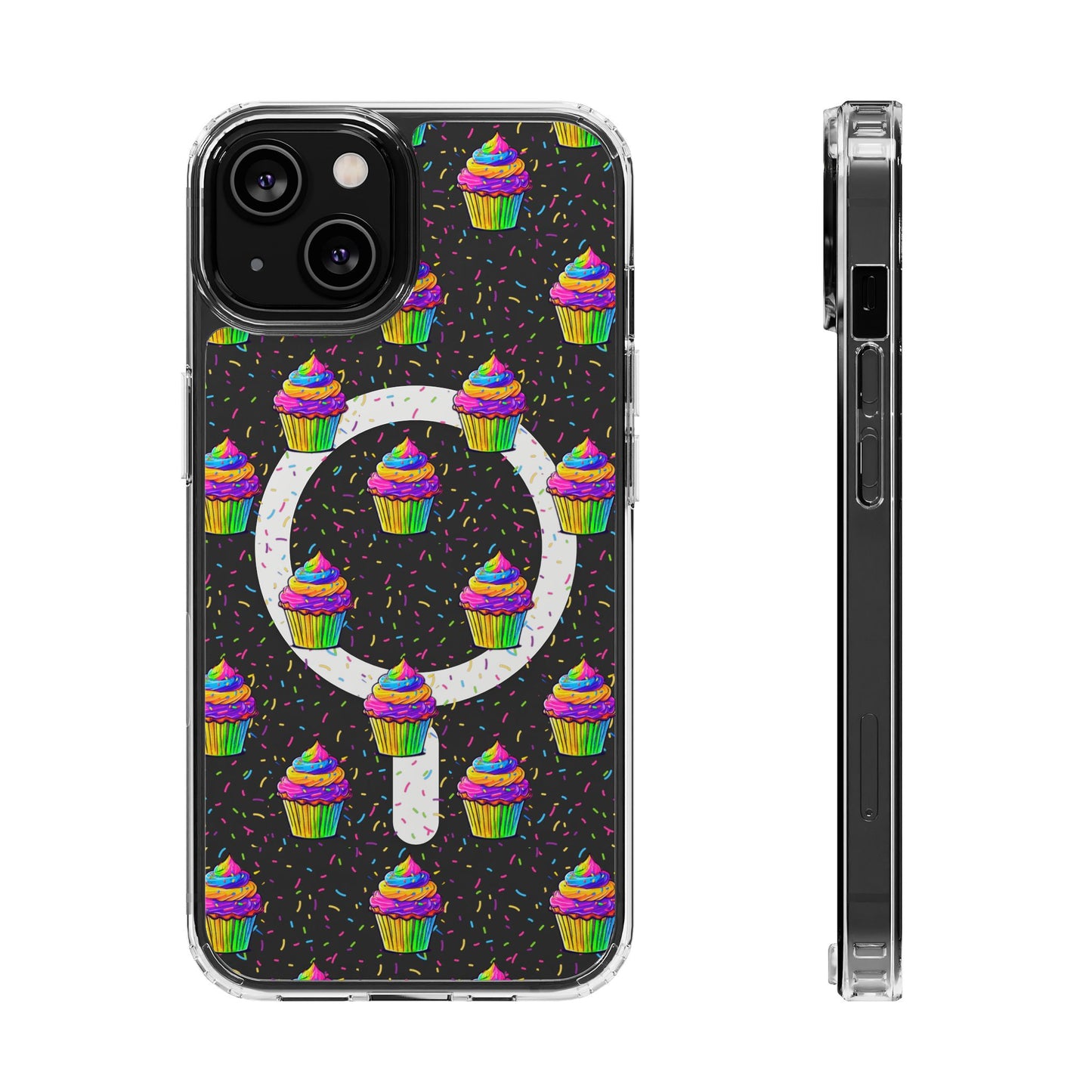 Clear Magnetic Phone Case — Rainbow Cupcake Confetti Design