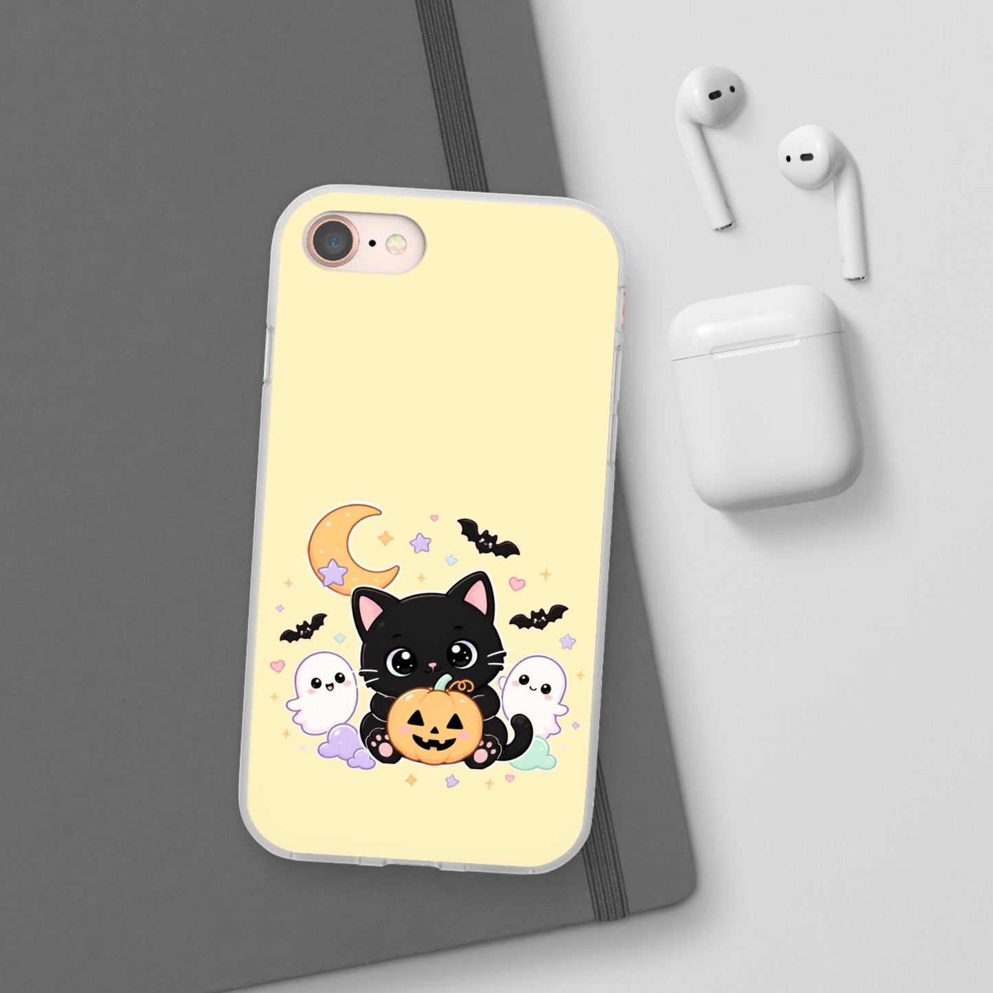 Cute Halloween Black Cat Phone Case — Kawaii Pumpkin & Ghosts Flexi Case