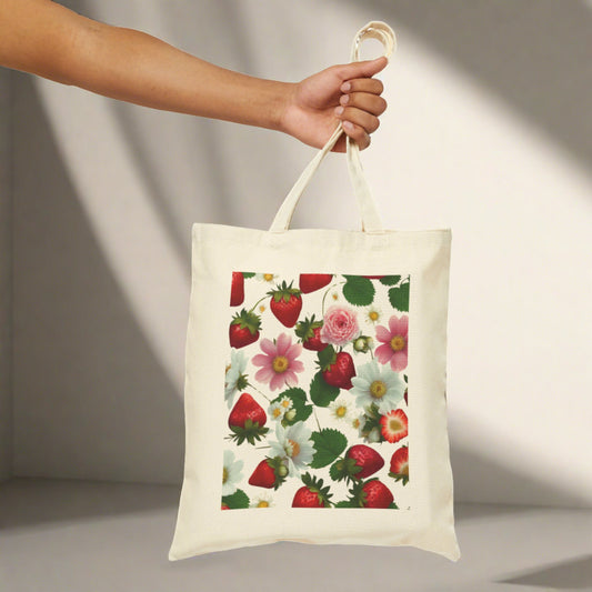 Strawberry Floral Print on Both Sides on Cotton Canvas Tote Bag