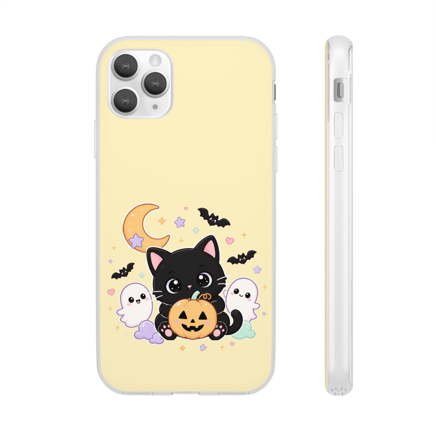 Cute Halloween Black Cat Phone Case — Kawaii Pumpkin & Ghosts Flexi Case
