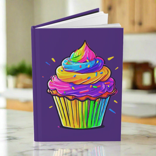 Neon Cupcake on Dark Purple Hardcover Journal Matte