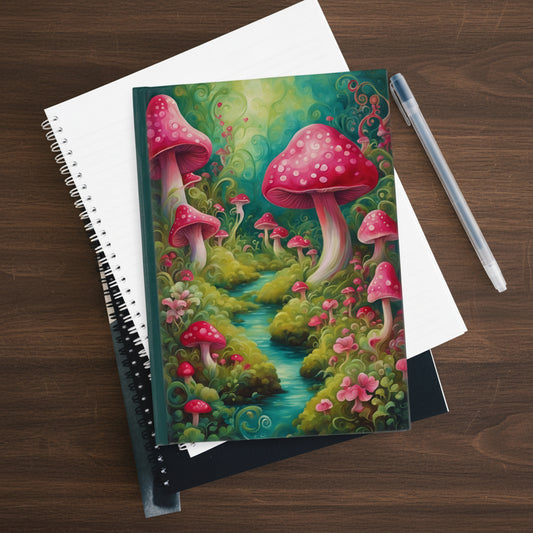 A spiral-bound notebook with a colorful fantasy mushroom forest illustration on the cover, placed on top of a white notebook with a black pen nearby on a light surface.