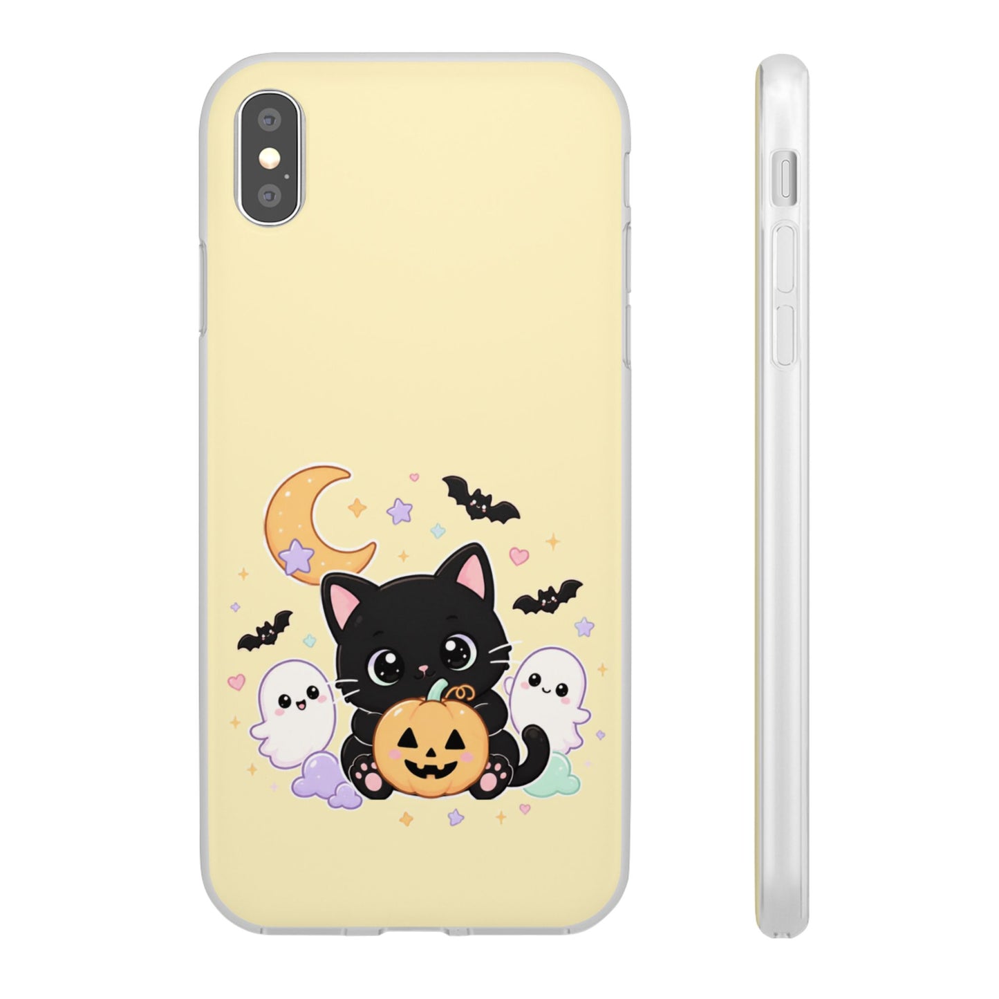 Cute Halloween Black Cat Phone Case — Kawaii Pumpkin & Ghosts Flexi Case