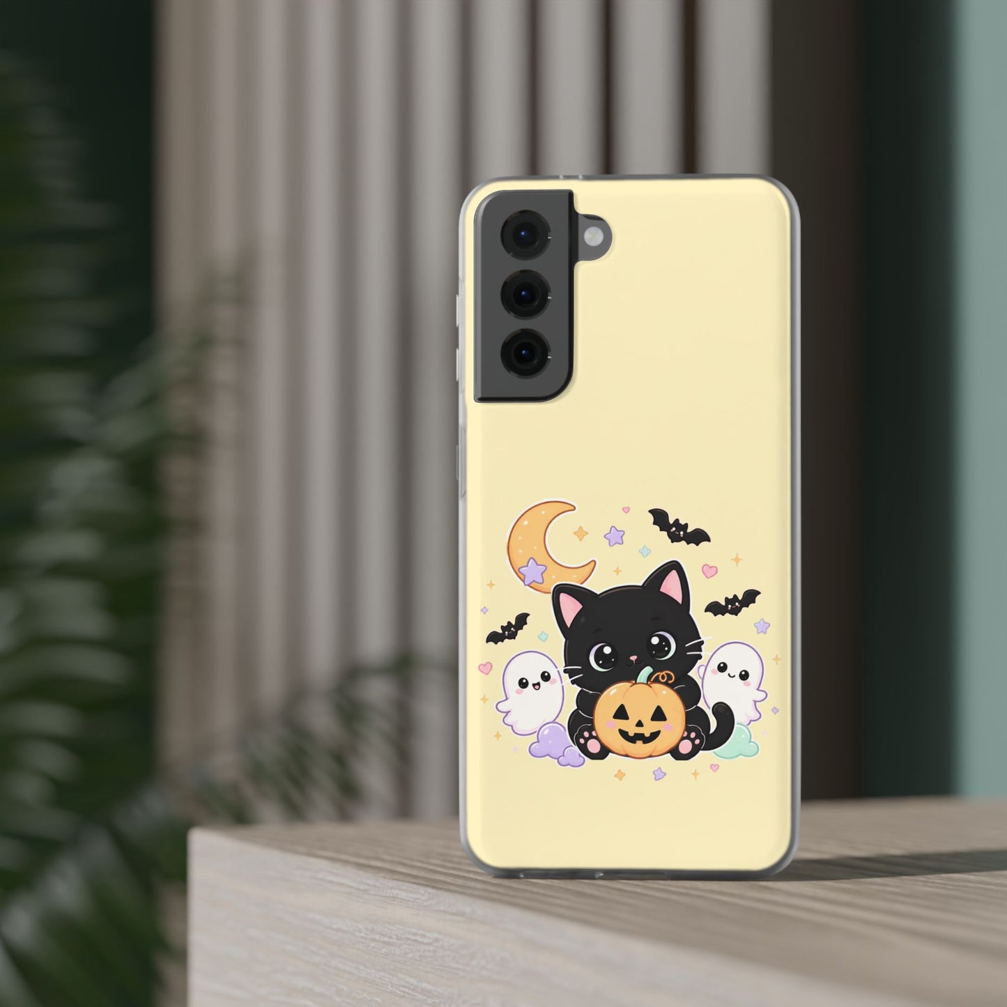 Cute Halloween Black Cat Phone Case — Kawaii Pumpkin & Ghosts Flexi Case