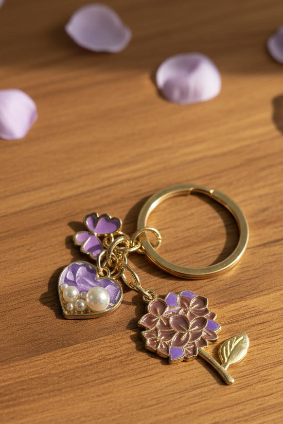Purple Hydrangea, Butterfly Heart Charm Keychain