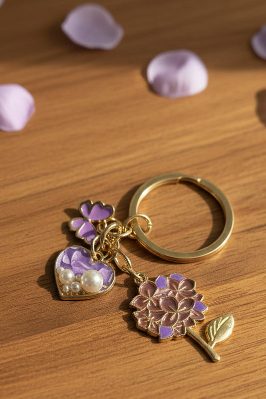 Purple Hydrangea, Butterfly Heart Charm Keychain