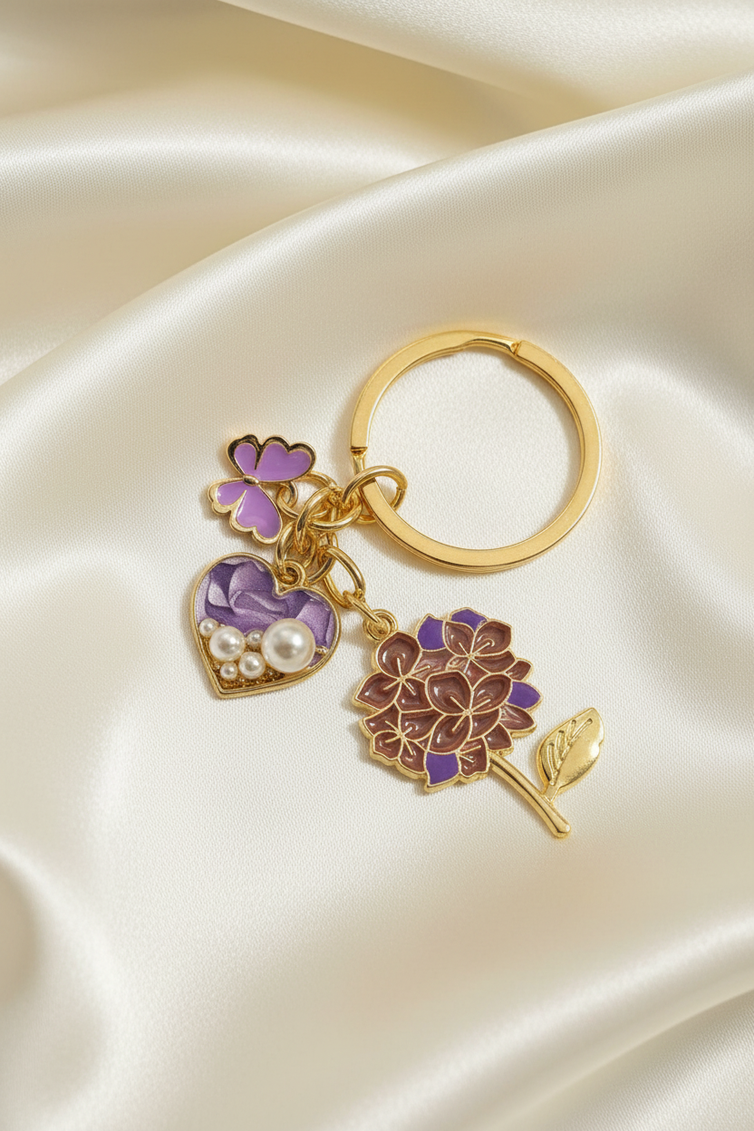 Purple Hydrangea, Butterfly Heart Charm Keychain