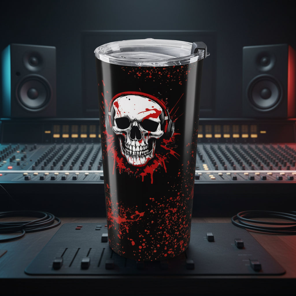 A black insulated travel tumbler with a clear lid and black straw, featuring a graphic of a white skull wearing red headphones with red paint splatters on a black background.